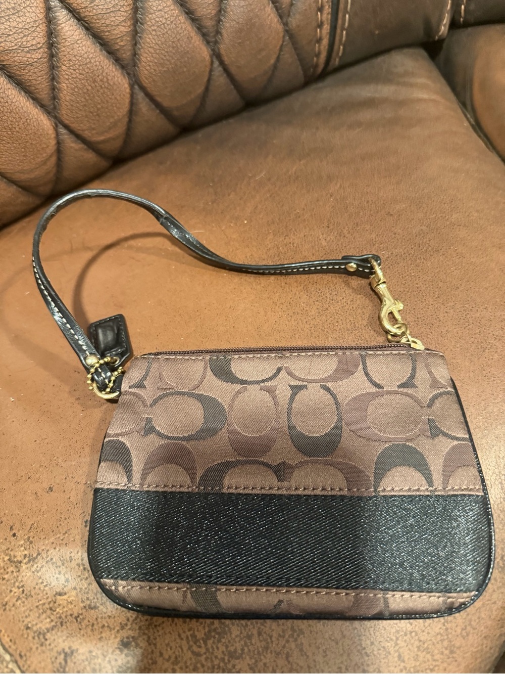 Coach Brown Signature Canvas Wristlet with Black Trim and Gold Hardware